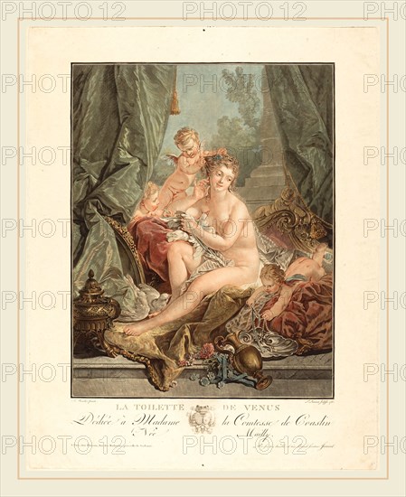 Jean-FranÃ§ois Janinet after FranÃ§ois Boucher, French (1752-1814), La toilette de Venus, 1783, wash manner, printed in blue, red, carmine, yellow, and black inks