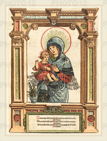 Albrecht Altdorfer, German (1480 or before-1538), The Beautiful Virgin of Regensburg, c. 1519-1520, woodcut printed from six blocks in red, green, blue, light orange, brown, and black