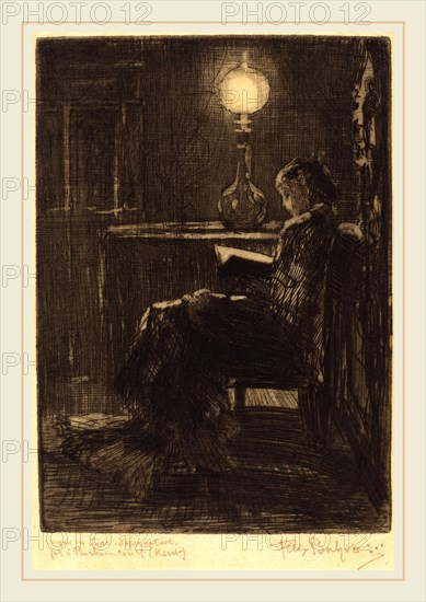 Félix-Hilaire Buhot, French (1847-1898), Liseuse Ã  la Lampe (Woman Reading by Lamplight), 1879, etching with scraping and burnishing in black on thin tissue paper