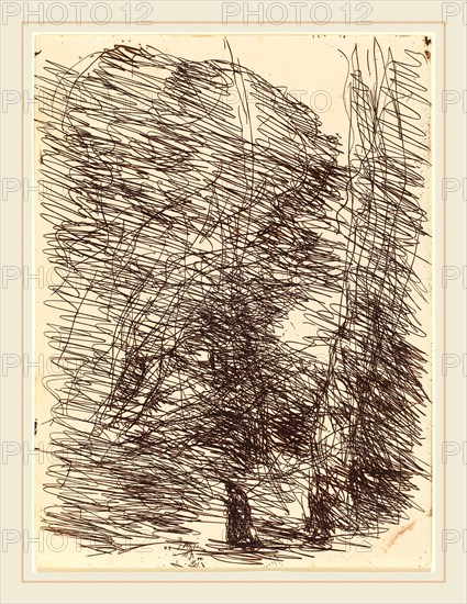 Jean-Baptiste-Camille Corot, French (1796-1875), Dreamer under Tall Trees (Le Reveur sous les grands arbres), 1874, cliche-verre
