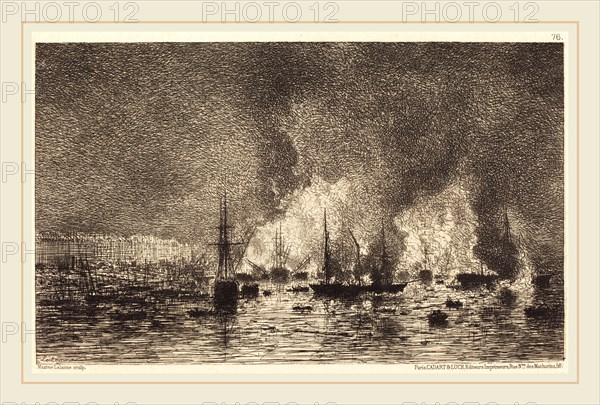 Maxime Lalanne, French (1827-1886), Incendie dans le port de Bordeaux, 1869, etching on laid paper