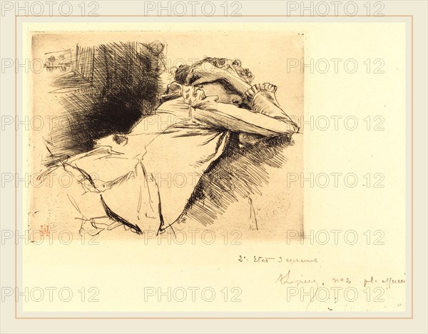 Auguste LepÃ¨re, French (1849-1918), Reclined Woman Sleeping (Femme couchee sommeillant), 1892, etching with drypoint