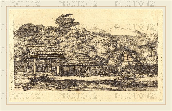 Charles Meryon, French (1821-1868), Greniers indigÃ¨nes et habitations Ã  Akaroa, presqu'Ile de Banks, 1845 (Native Barns and Huts at Akaroa, Banks' Peninsula, 1845), 1865, etching on green paper