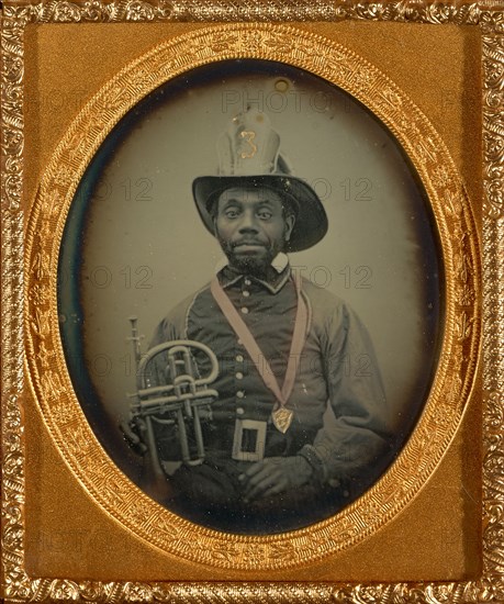 [Fireman in Uniform Holding a Brass Musical Instrument]