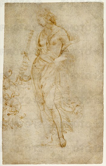 Female Figure with a Tibia, and Ornamental Studies (recto),  Orn