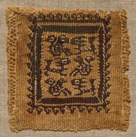 Fragment, with a Segmentum, from a Tunic, 400s - 600s. Egypt, Byzantine period, 5th - 7th century. Tabby weave with interwoven tapestry ornament, linen and wool; overall: 9.6 x 9.6 cm (3 3/4 x 3 3/4 in.)