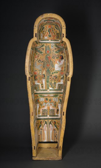 Coffin of Bakenmut, c. 1000-900 BC. Egypt, Thebes, Third Intermediate Period, late Dynasty 21 (1069-945 BC) to early Dynasty 22 (945-924 BC). Gessoed and painted sycamore fig ; overall: 68 cm (26 3/4 in.).