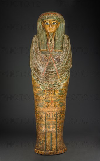 Coffin of Bakenmut (lid), c. 1000-900 BC. Egypt, Thebes, Third Intermediate Period, late Dynasty 21 (1069-945 BC) - early Dynasty 22 (945-924 BC). Gessoed and painted sycamore fig; overall: 68 cm (26 3/4 in.).