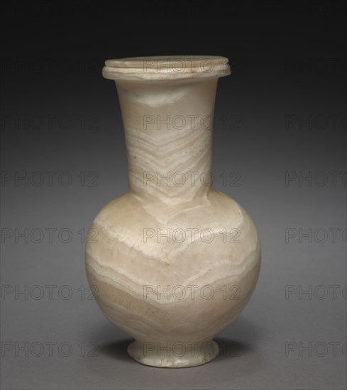 Long-Necked Flask with Lid, 1401-1353 BC. Egypt, New Kingdom, Dynasty 18,  reign of Tuthmosis III, to reign of Amenhotep III, 1479-1353 BC. Travertine; diameter: 9.7 cm (3 13/16 in.); diameter of mouth: 4.5 cm (1 3/4 in.); overall: 16.4 cm (6 7/16 in.); diameter of lid: 6.6 cm (2 5/8 in.).