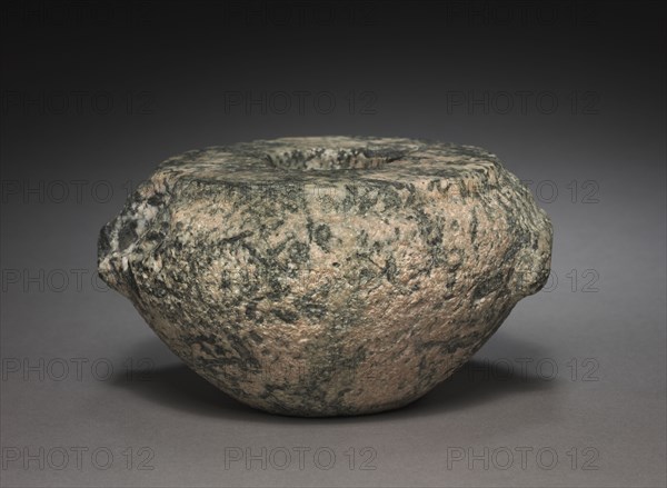 Squat Dummy Jar with Lug Handles, 2700-2573 BC. Egypt, Probably Saqqara, north of the Step Pyramid, tomb 2347, excavations by J.E. Quibell, 1910-1911, Predynastic Period, late Dynasty 2-3,. Hornblende diorite; diameter: 18.6 cm (7 5/16 in.); diameter of mouth: 5.5 cm (2 3/16 in.); overall: 10 cm (3 15/16 in.).