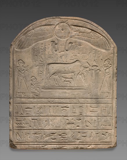 Round-Topped Stele, 332 BC-AD 395. Egypt, Greco-Roman Period or modern forgery. Sandstone; diameter: 9.5 cm (3 3/4 in.); overall: 57.4 x 46.3 x 11 cm (22 5/8 x 18 1/4 x 4 5/16 in.).