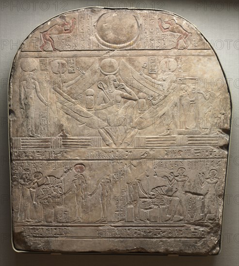 Stele of the High Priest of Ptah, Shedsunefertem, 945-924 BC. Egypt, New Kingdom, Dynasty 22, reign of Shosheng I, 945-924 BC. Limestone, originally painted and gilded; overall: 86.8 x 78.5 cm (34 3/16 x 30 7/8 in.).