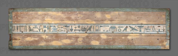 Coffin of Senbi (Lid), 1918-1859 BC. Egypt, Meir, Middle Kingdom, Dynasty 12, reign of Amenemhat II to Sesostris III. Gessoed and painted cedar; overall: 69.7 x 55 x 213 cm (27 7/16 x 21 5/8 x 83 7/8 in.).