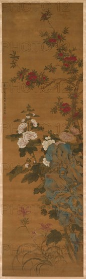 Flowers and Rocks, 1368- 1644. China, Ming dynasty (1368-1644). Hanging scroll, color on silk; overall: 162.6 x 48.6 cm (64 x 19 1/8 in.).