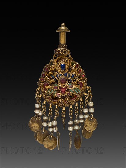 Earring with Vishnu Riding Garuda, 1600s. Tibet, 17th century (?). Gold with jewels; overall: 2.5 cm (1 in.).