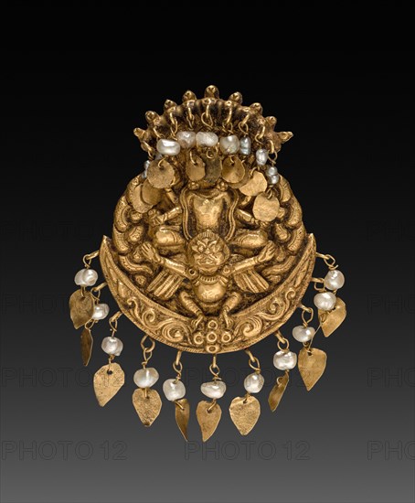 Earring with Four-Armed Vishnu Riding Garuda with Nagas (serpent divinities), 1600s or 1700s. Nepal, Kathmandu Valley. Repousse gold with pearls; overall: 3.6 cm (1 7/16 in.).