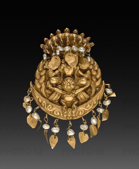 Earring with Four-Armed Vishnu Riding Garuda with Nagas (serpent divinities), 1600s or 1700s. Nepal, Kathmandu Valley. Repousse gold with pearls; overall: 3.7 cm (1 7/16 in.).