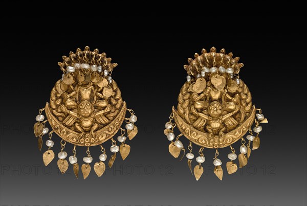 Pair of Earrings with Four-Armed Vishnu Riding Garuda with Nagas (serpent divinities), 1600s or 1700s. Nepal, Kathmandu Valley. Repousse gold with pearls;
