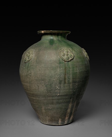 Jar, 6th Century. China, Six Dynasties period (265-589) or Sui dynasty (581-618). Glazed earthenware; diameter: 38.2 cm (15 1/16 in.); overall: 50.8 cm (20 in.).