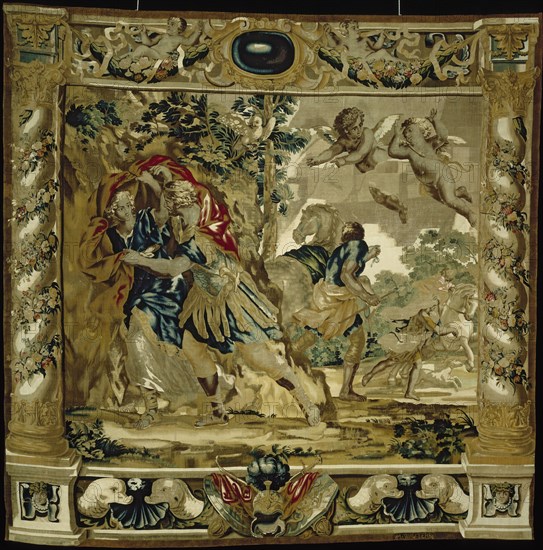 Dido and Aeneas seek shelter from a storm, 1679. Giovanni Francesco Romanelli (Italian, 1610-1662), Michael Wauters (Flemish, 1679). Tapestry weave: silk and wool; overall: 416.4 x 418.8 cm (163 15/16 x 164 7/8 in.)