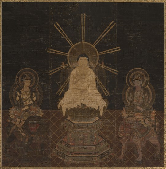 Shaka attended by Fugen and Monju, 1185-1333. Japan, Kamakura period. Hanging scroll; ink and color with gold outline; including mounting: 226 x 140.7 cm (89 x 55 3/8 in.).
