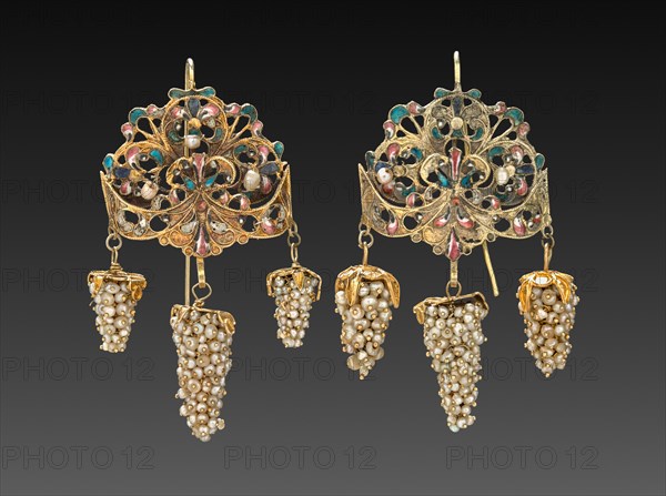 Pair of Earrings, 1700s - 1800s. Italy, Naples, 18th-19th century. Gold and enamel with pearls; overall: 6.4 cm (2 1/2 in.).