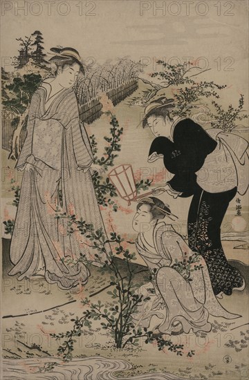 Women Cutting Branches of Bush Clover; The Noji Tama River in Omi Province, from an untitled series of the Six Tama Rivers, late 1780s. Kubo Shunman (1757-1820). Color woodblock print; sheet: 38.6 x 25.8 cm (15 3/16 x 10 3/16 in.).