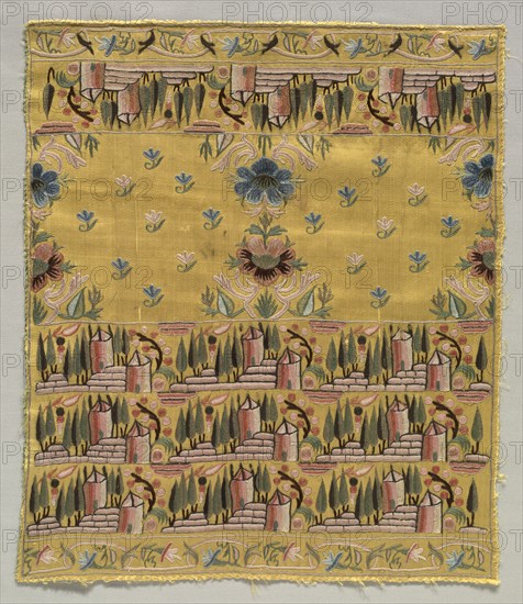 Embroidered Square, 18th-19th century. Turkey, 18th-19th century. Embroidery, silk thread on silk ground; average: 37.2 x 31.8 cm (14 5/8 x 12 1/2 in.).
