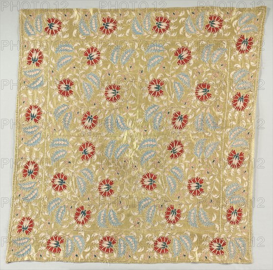 Embroidered Cover, 18th century. Turkey, 18th century. Embroidery; silk and gold filé on silk ground; average: 107.3 x 109.9 cm (42 1/4 x 43 1/4 in.).