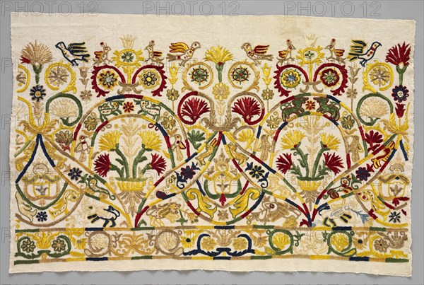 Fragment of a Skirt Border, 1700s. Greece, Crete, 18th century. Embroidery: silk on linen tabby ground; overall: 43.9 x 68.9 cm (17 5/16 x 27 1/8 in.)