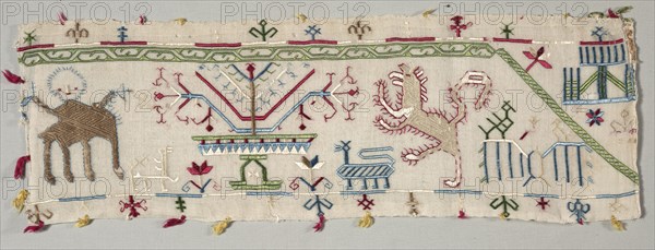 Fragment from an Embroidered Border, 1500s. Greece, Cyclades Islands, Southern Group, 16th century. Embroidery: silk on linen tabby ground; overall: 18.9 x 54 cm (7 7/16 x 21 1/4 in.).