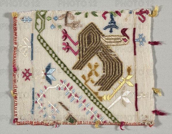 Fragment from an Embroidered Border, 1500s. Greece, Cyclades Islands, Southern Group, 16th century. Embroidery: silk on linen tabby ground; overall: 20 x 15 cm (7 7/8 x 5 7/8 in.)