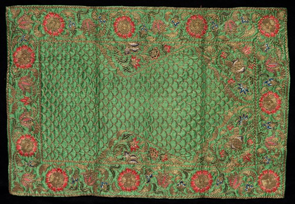 Prayer Mat, 1700s - 1800s. India, 18th-19th century. Embroidery, silk and gold thread; overall: 47.6 x 32.7 cm (18 3/4 x 12 7/8 in.)