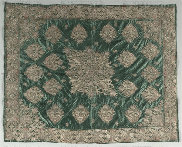 Gold-Thread Embroidered Cover, 1800s. Turkey, Ottoman period. Silk, gilt-metal, silver-metal, paper, cotton padding; satin weave, embroidery; average: 194.3 x 157.5 cm (76 1/2 x 62 in.)