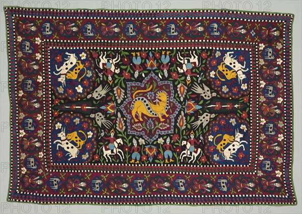 Ceremonial or summer floor cover, 1800s. Iran, Qajar period. Plain weave: cotton; embroidery: silk; overall: 175.2 x 118.1 cm (69 x 46 1/2 in.)