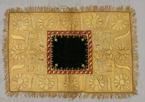 Embroidered Cover, 1800s. India, 19th century. Embroidery: silk, metal, and cotton thread on cotton  ground; silk edging and velvet appliqué; overall: 125 x 88 cm (49 3/16 x 34 5/8 in.)
