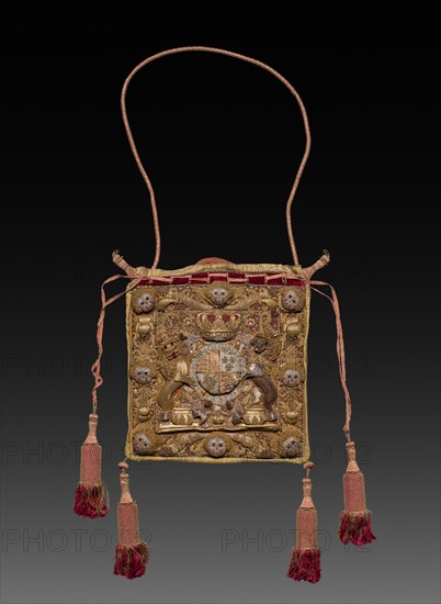 Lord Chancellor's Burse (Purse) with Royal Cypher and Coat of Arms of George III, 1700s. England, 18th century. Red silk velvet, silk embroidery, goldwork, pearls, black beads, sequins, pendant tassels; overall: 78 x 50 x 5 cm (30 11/16 x 19 11/16 x 1 15/16 in.).