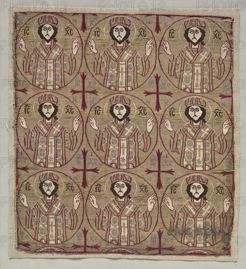 Lampas with roundels of the image of Christ in benedictory pose, 1550-1650. Turkey, Bursa, Ottoman period. Lampas: silk and gilt-metal thread; overall: 36.7 x 33.7 cm (14 7/16 x 13 1/4 in.)