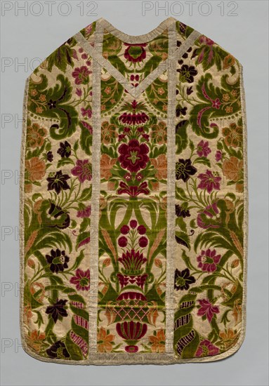 Chasuble, Stole, Burse(Corporal Case), and Maniple, c 1600- 1700. Italy, Genoa, 17th century. Woven polychrome silk and gilt metal threads, cut and uncut velvet; overall: 106 x 68.3 cm (41 3/4 x 26 7/8 in.).