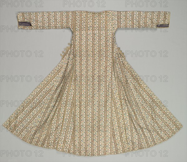 Woman's robe, 1800s. Turkey. Striped fabric; plain weave: silk; embroidery, chain stitch: silk; overall: 149.9 x 157.5 cm (59 x 62 in.).