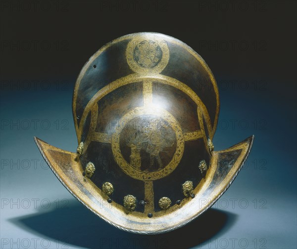 Morion of the State Guard of Elector Christian I of Saxony, c. 1580-1591. Germany, Nuremberg, 16th century. Russet steel, etched and gilded; overall: 33.3 x 27 x 23.5 cm (13 1/8 x 10 5/8 x 9 1/4 in.).