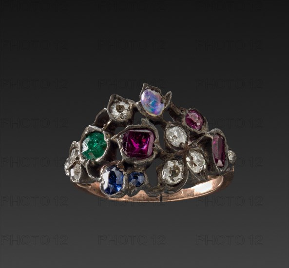 Ring, 1700s. Italy or France, 18th century. Gold band, silver setting with rubies, diamonds, opal, emerald and garnet; diameter: 1.8 cm (11/16 in.).