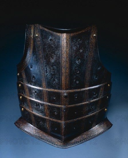 Breastplate from Hussar's Cuirass, c. 1580. Germany, Augsburg or Hungary, 16th century. Steel (originally blued, now russet), etched and gilded strapwork bands; ; overall: 42.3 x 35 cm (16 5/8 x 13 3/4 in.)