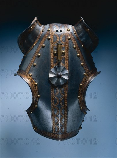 Demi-Chanfron, c. 1550. Germany, Augsburg, 16th century. Steel, etched and gilded; leather; overall: 6.8 x 24.5 cm (2 11/16 x 9 5/8 in.).