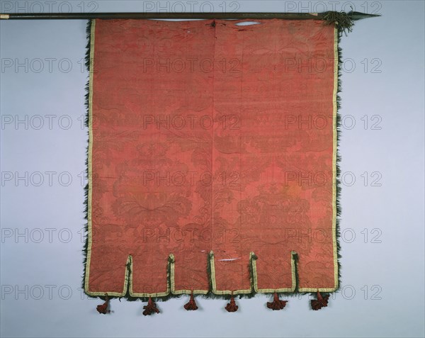 Banner, 1700s. Spain, 18th century. Crimson silk brocade; scalloped border with fringe; overall: 124.5 x 108 cm (49 x 42 1/2 in.)