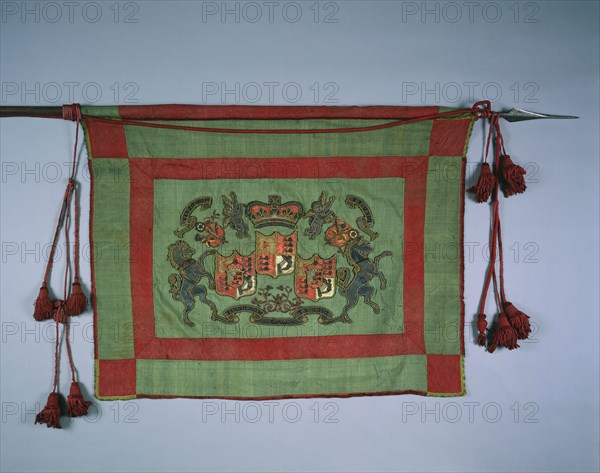 Banner with Royal Coat of Arms of Great Britain, 1700s. Great Britain, probably England, 18th century. Green silk ground with embroidery; crimson cords and tassels; overall: 127 x 118.1 cm (50 x 46 1/2 in.)