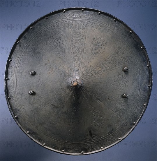 Round Shield (Rondache), c. 1550-1600. North Italy, 16th century. Steel, etched panels, roped border; diameter: 56.5 cm (22 1/4 in.).