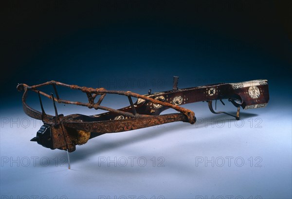 Pellet Crossbow, 1600s. South Germany (?), 17th century. Wood, inlaid with stag horn; flax cord; steel with traces of paint and gilding; overall: 82.6 cm (32 1/2 in.); bow: 59.4 cm (23 3/8 in.); butt: 9.5 cm (3 3/4 in.).