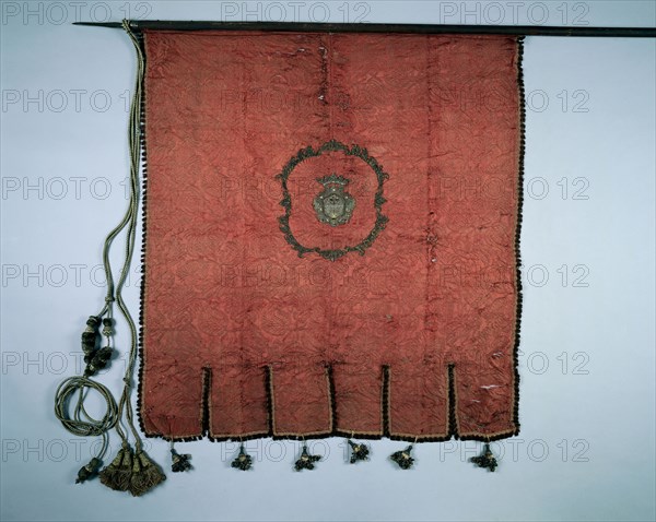 Banner, 1700s. Spain, 18th century. Crimson silk brocade, with applied embroidery; scalloped border with fringe and tassels; overall: 114.2 x 107.9 cm (44 15/16 x 42 1/2 in.)