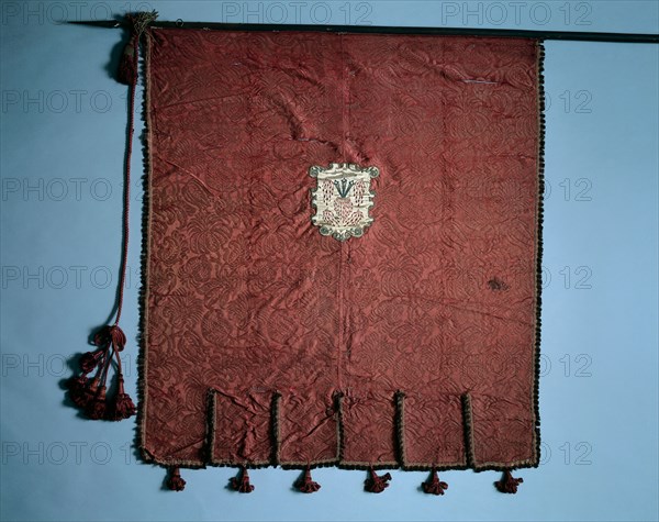 Banner with Medallions of Christ's Passion, 18th century. Spain, 18th century. Crimson silk brocade; satin; scalloped border with fringe and tassels; overall: 119.4 x 108 cm (47 x 42 1/2 in.)